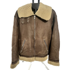 BLK DNM Mens Leather Shearling Lined & Collar Brown B-3 Bomber Jacket Sz 48